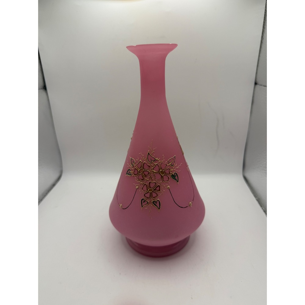 Vintage Pink Satin Frosted Glass Vase Hand Painted Gold Floral‎ Enamel 8.5 Inch